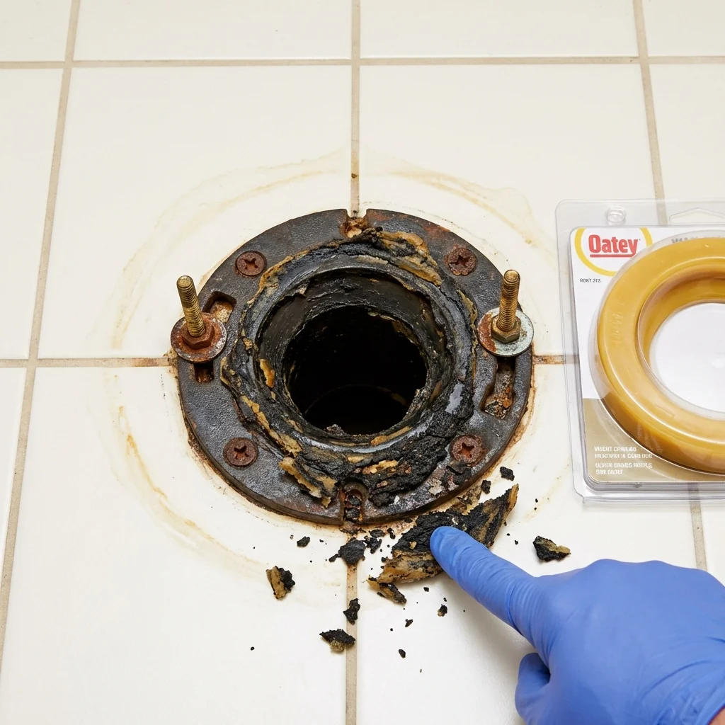 Failed wax ring showing water seepage at the base of a toilet in a Buffalo, WV home