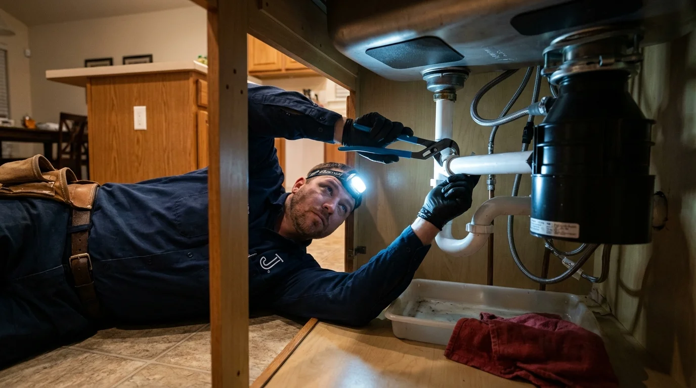 P-trap and supply line connections under a kitchen sink showing a common leak point in Buffalo, WV